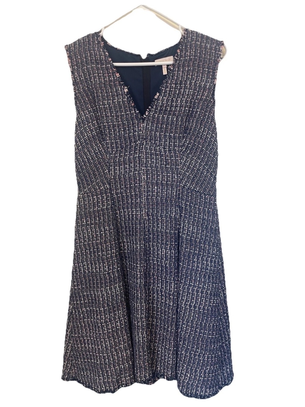 Rebecca Taylor Sleeveless Navy Tweed A-Line Dress Fray Midi Navy Classic Fall
